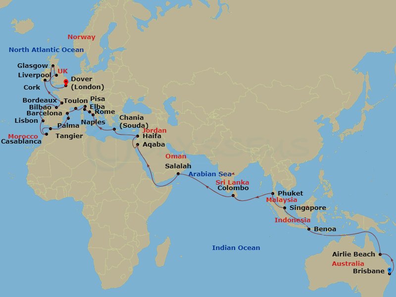 World Cruise Sector 54 Night Cruise Only Brisbane to London (Dover